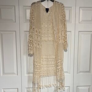 Cream Crochet Long Cardigan